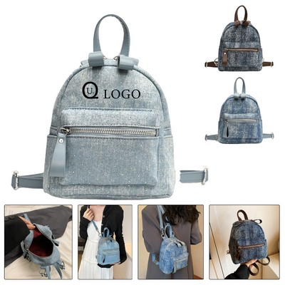 Trendy Mini Denim Backpack W/ Pu Leather Straps